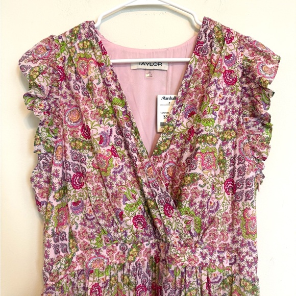 2/$30 Taylor - Pink Green Floral V-Neck Dress XL Elastic Waist Pockets NWT - Picture 3 of 9